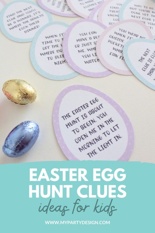 Egg shaped Easter egg hunt clues image with title Easter egg hunt clues ideas for kids