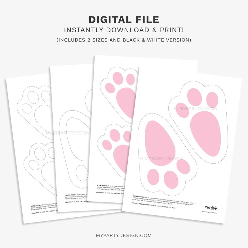 free printable easter bunny footprints template in pink or in black and white colour to make a stencil