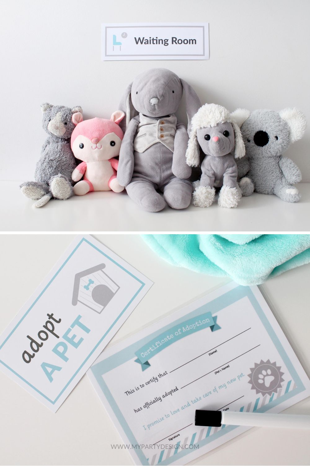 stuffed animals under waiting room sign and pet adoption certificate on vet dramatic play scene