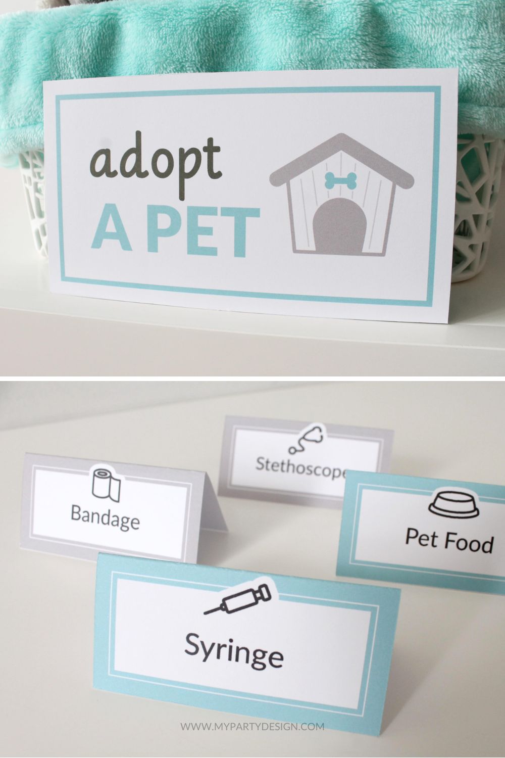 adopt a pet sign and themed folded labels for vet dramatic play scene
