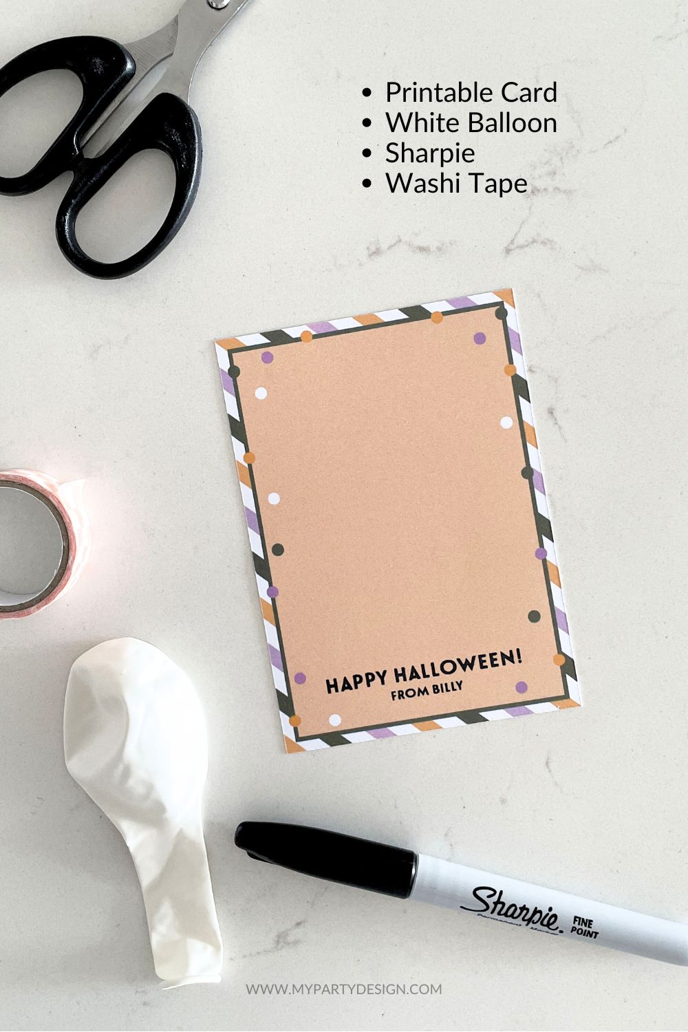 make an easy balloon halloween gift with a white balloon, tape and a black marker