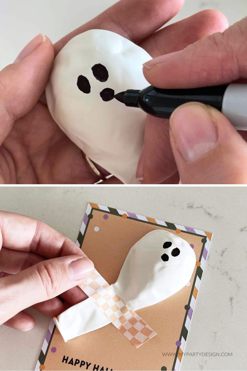 draw a ghost face on a white balloon for an easy halloween gift