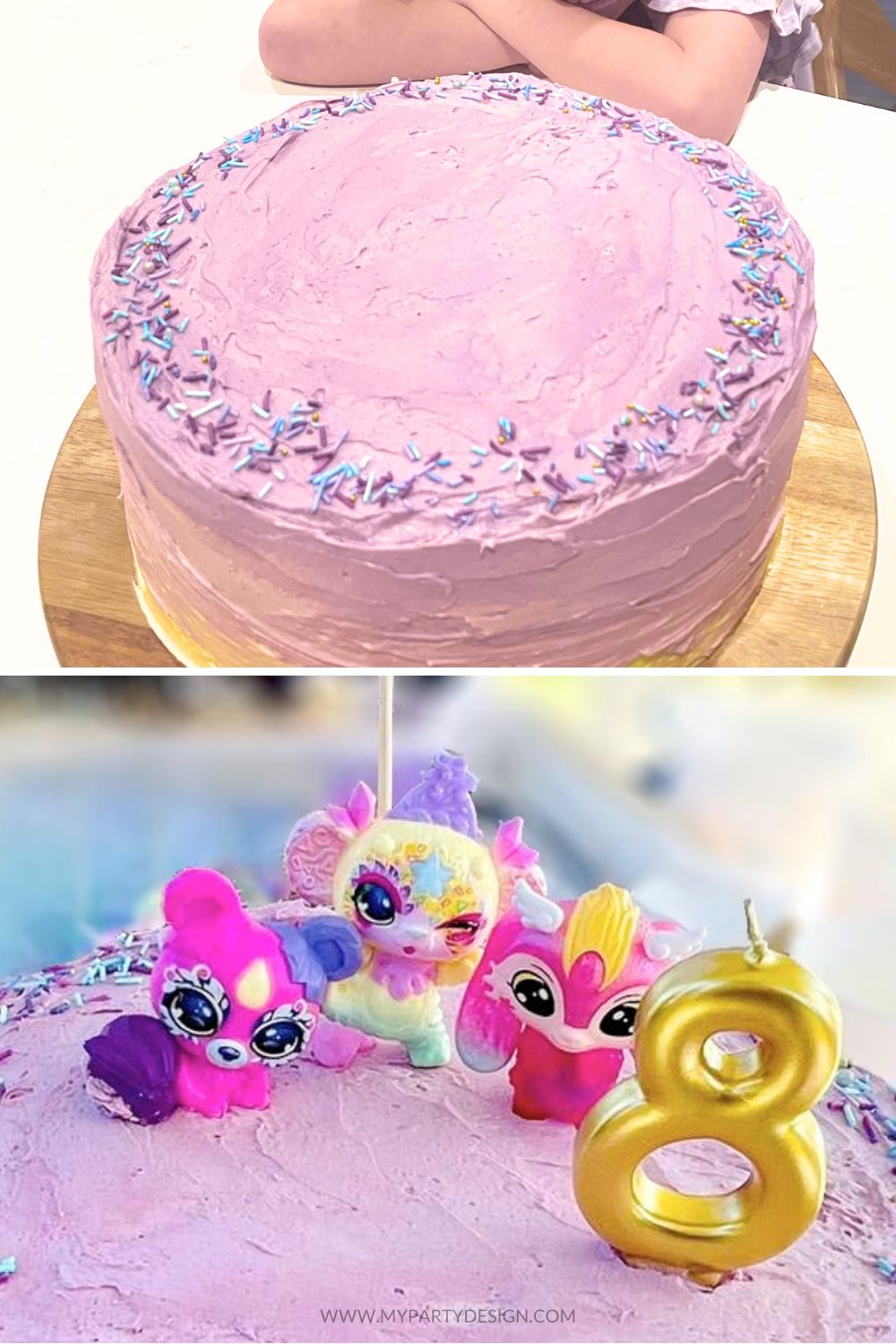 making a magic mixies cake with purple frosting and figurines on top