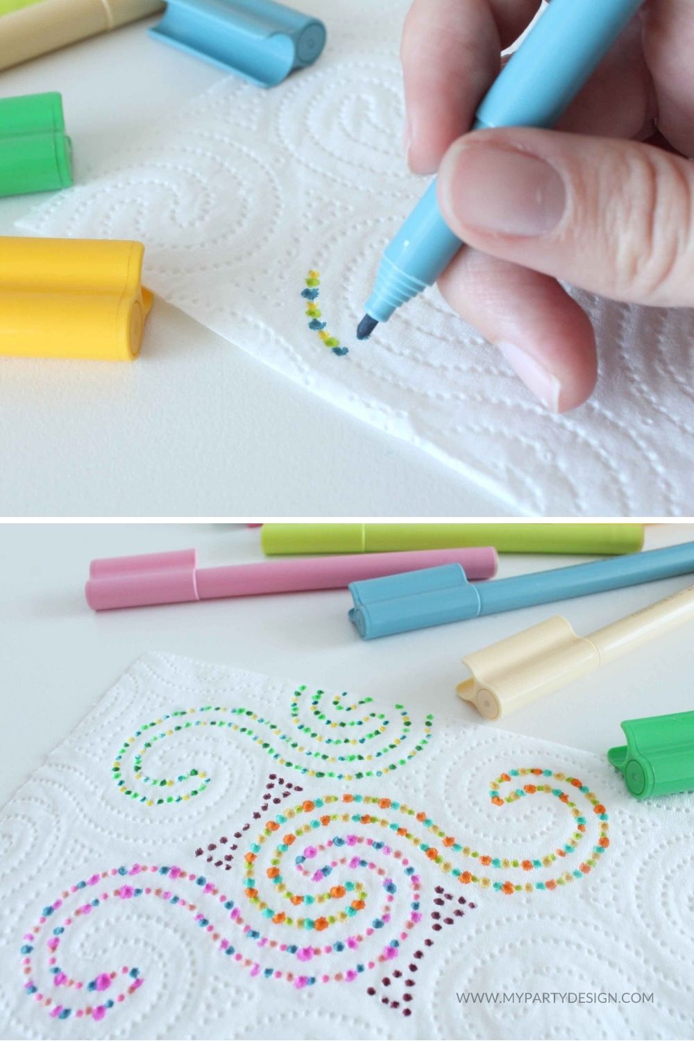 hand holding set tip marker and making paper towel dot art