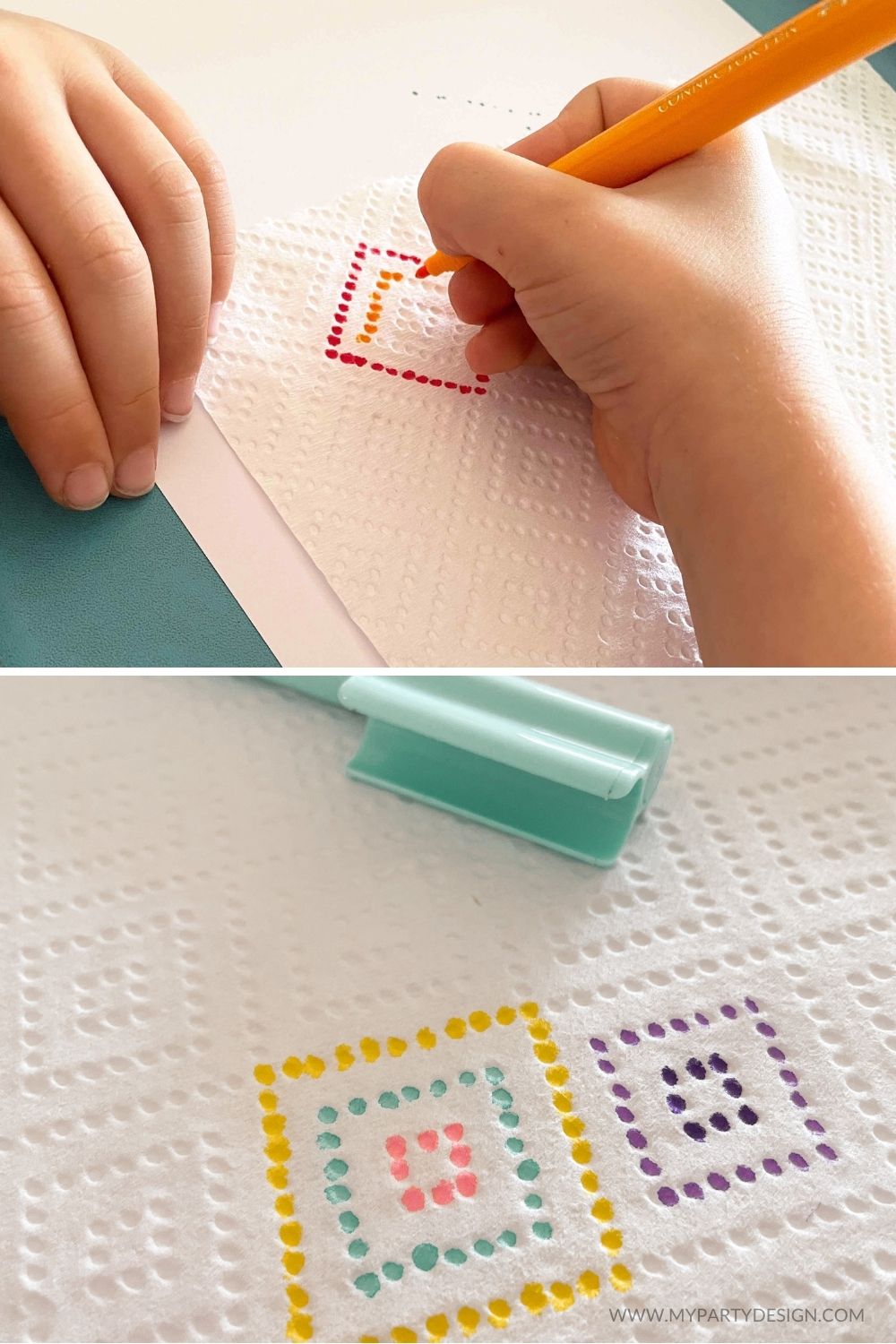 child coloring the dots in a paper towel