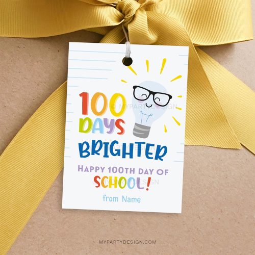 100 Days Brighter Tag with light bulb illustration for the 100th day of school