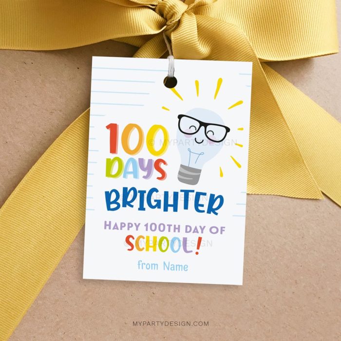 100 Days Brighter Tag with light bulb illustration for the 100th day of school