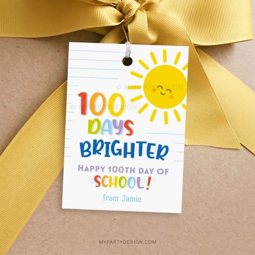 100 Days Brighter Tag with sun illustration for the 100th day of school
