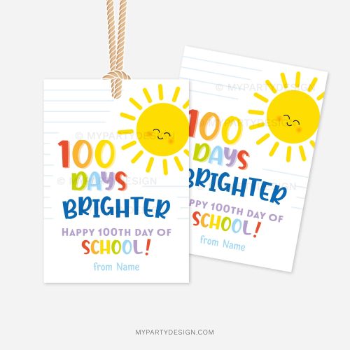 sun 100 Days Brighter Tags with sunny illustration for the 100th day of school