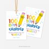 100 days of school tag with pencil illustration that reads "100 days sharper"