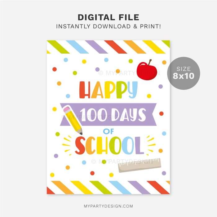printable happy 100 days of school sign for kindergarten class decor