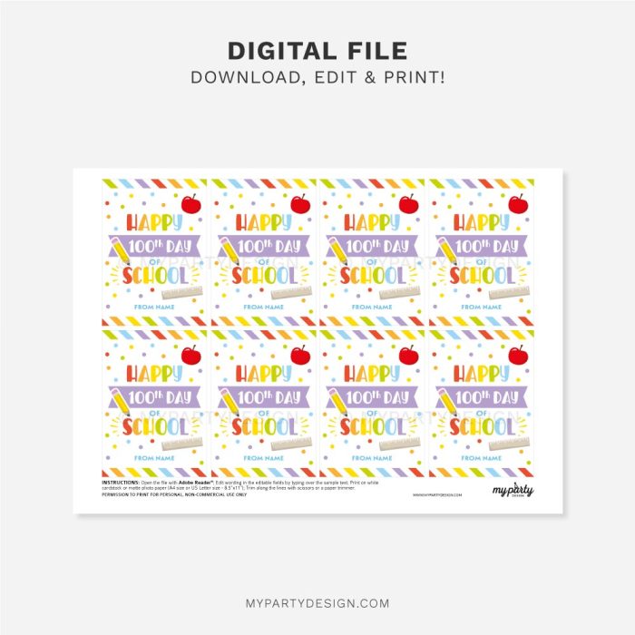 printable happy 100th Day of school tags for 100 days of school gifts