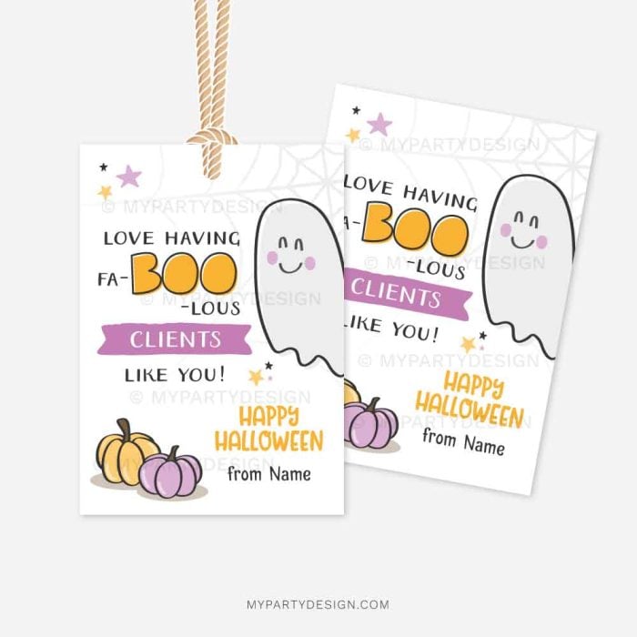 halloween marketing gift tags that read "love having faBOOlous clients like you"