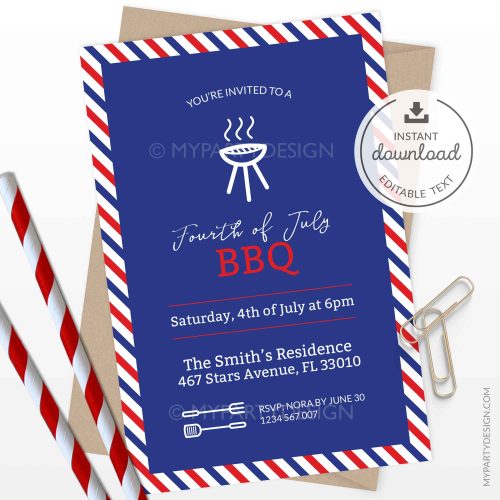 red white and blue 4th of July bbq party invitation for Independence Day celebration