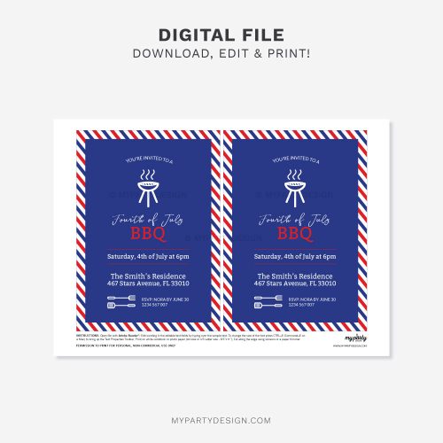 printable red white and blue 4th of July bbq party invitation for Independence Day celebration