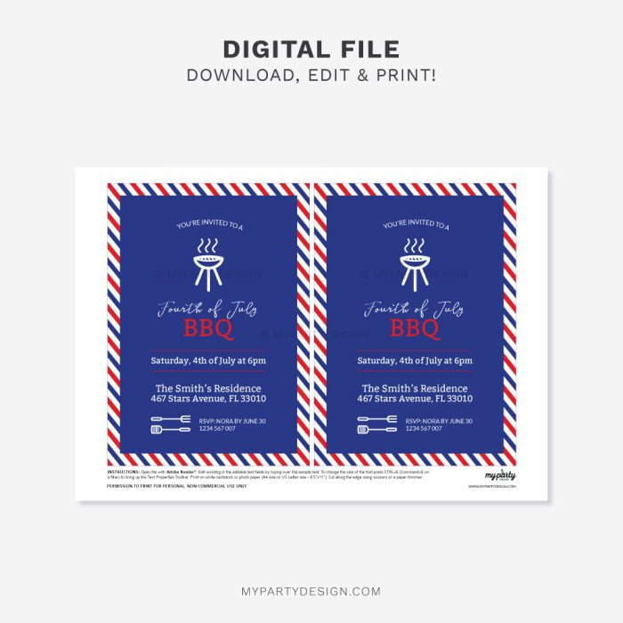 printable red white and blue 4th of July bbq party invitation for Independence Day celebration