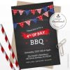 4th of July party invitation with black chalkboard background and red and blue bunting illustration for Independence Day barbecue party