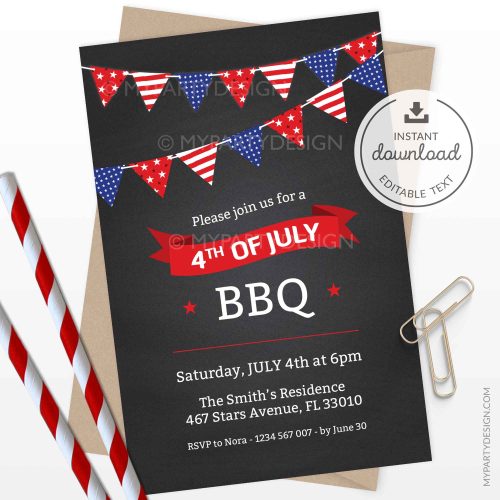 4th of July party invitation with black chalkboard background and red and blue bunting illustration for Independence Day barbecue party