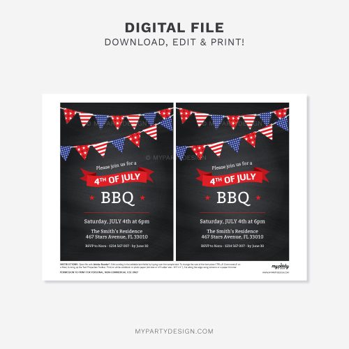 printable 4th of July party invitation with black chalkboard background and red and blue bunting illustration for Independence Day barbecue party