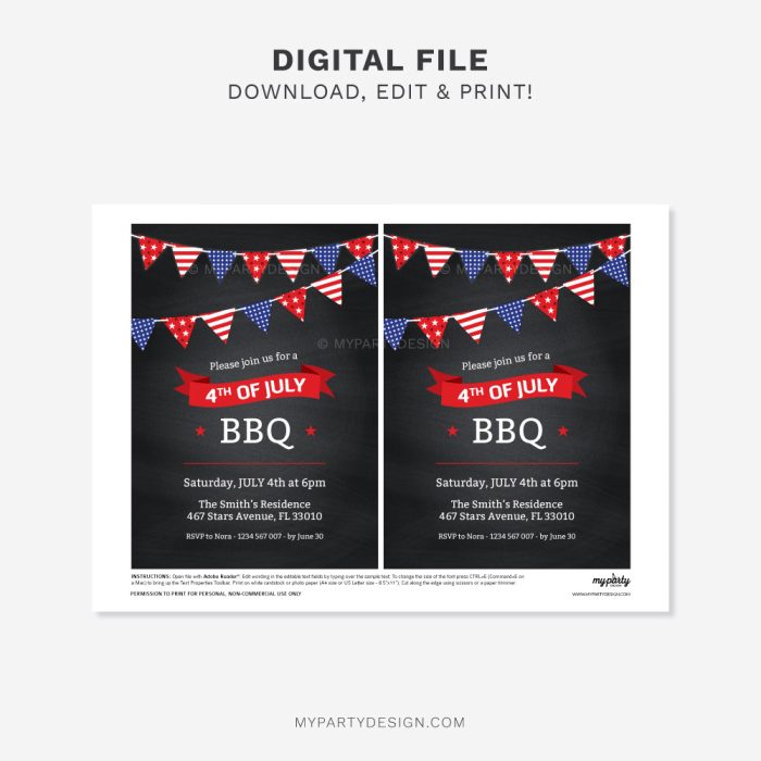 printable 4th of July party invitation with black chalkboard background and red and blue bunting illustration for Independence Day barbecue party