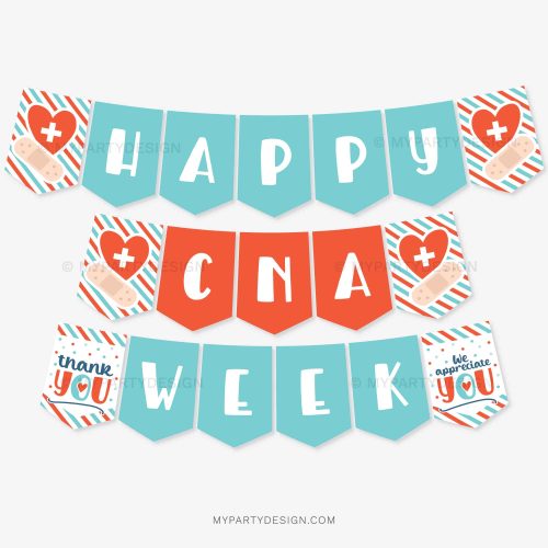 happy CNA week banner in turquoise and red colours for nurse appreciation decor