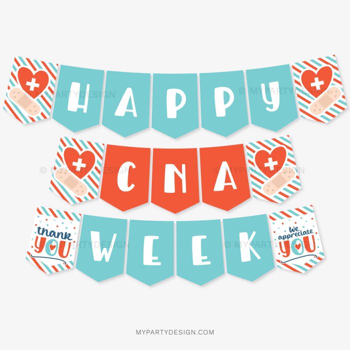 happy CNA week banner in turquoise and red colours for nurse appreciation decor