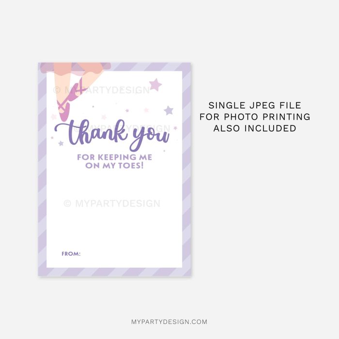 purple ballet teacher gift card holder with ballerina illustration that reads "thank you for keeping me on my toes"