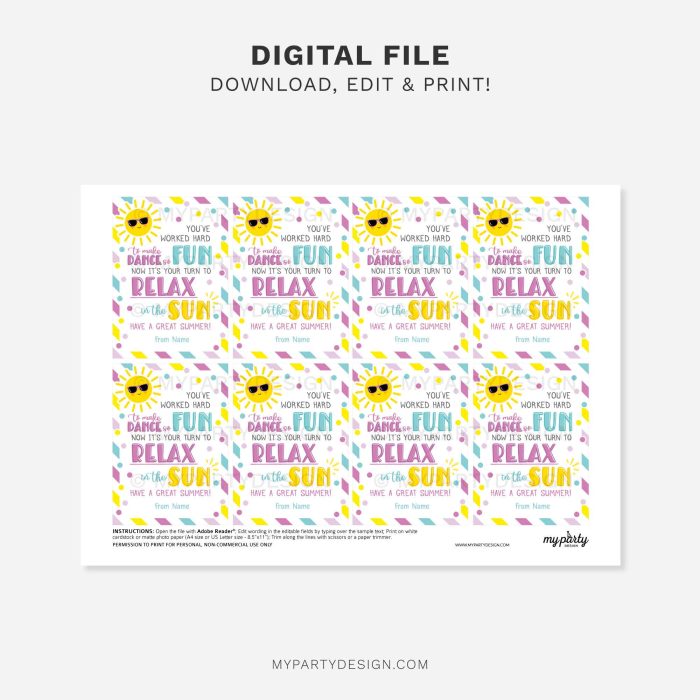 printable end of season gift tags for dance teachers that read "You're worked hard to make dance so fun, now it's your time to relax in the sun"