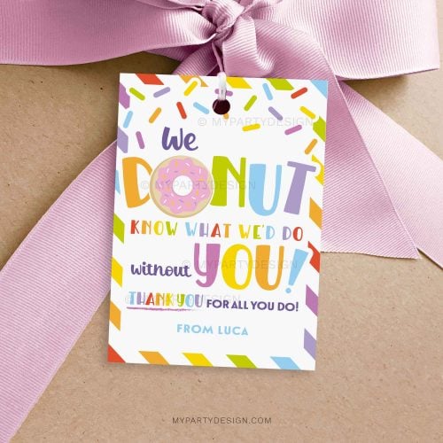 colorful donut appreciation gift tag for staff, volunteers or teacher appreciation gifts