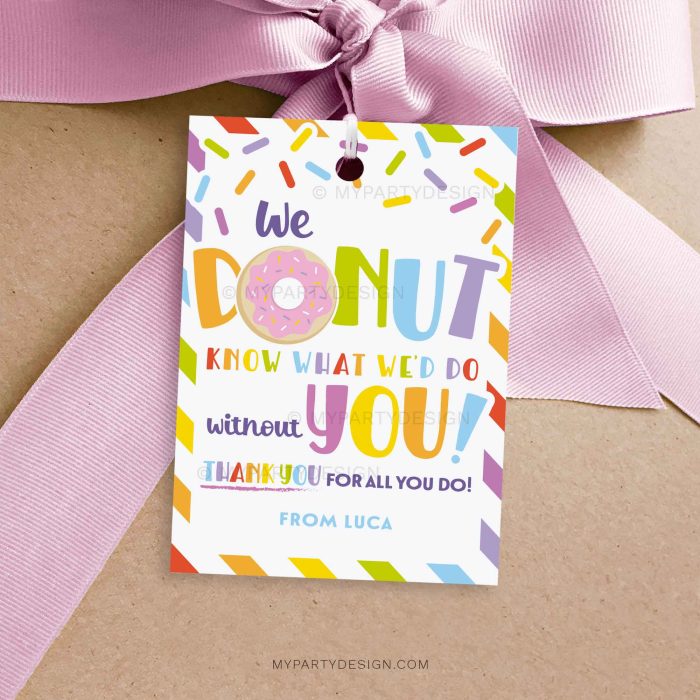 colorful donut appreciation gift tag for staff, volunteers or teacher appreciation gifts