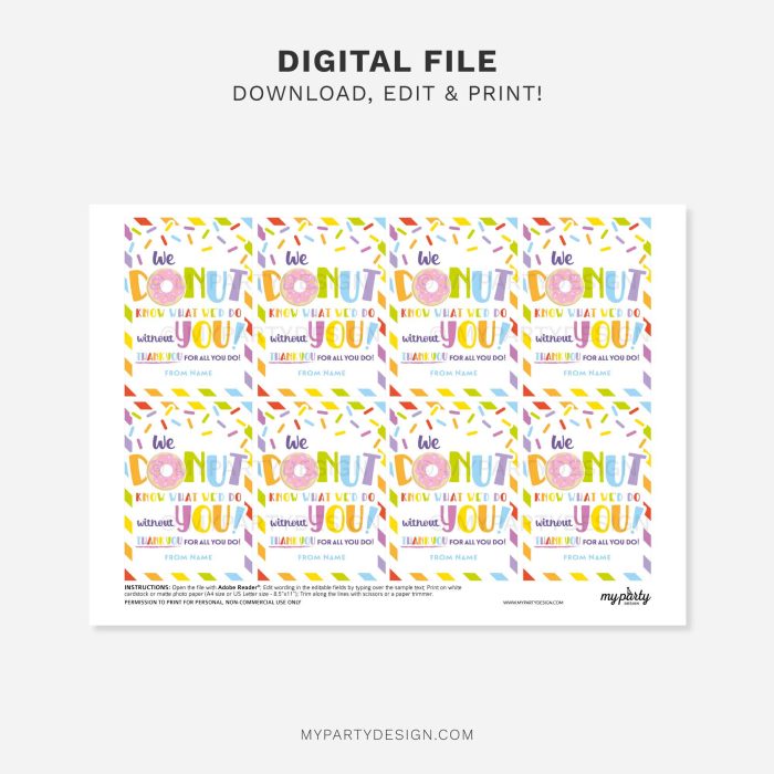 printable colorful donut appreciation gift tag for staff, volunteers or teacher appreciation gifts