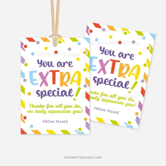 colorful gift tags for appreciation gifts that read "you are extra special, thank you for all you do"