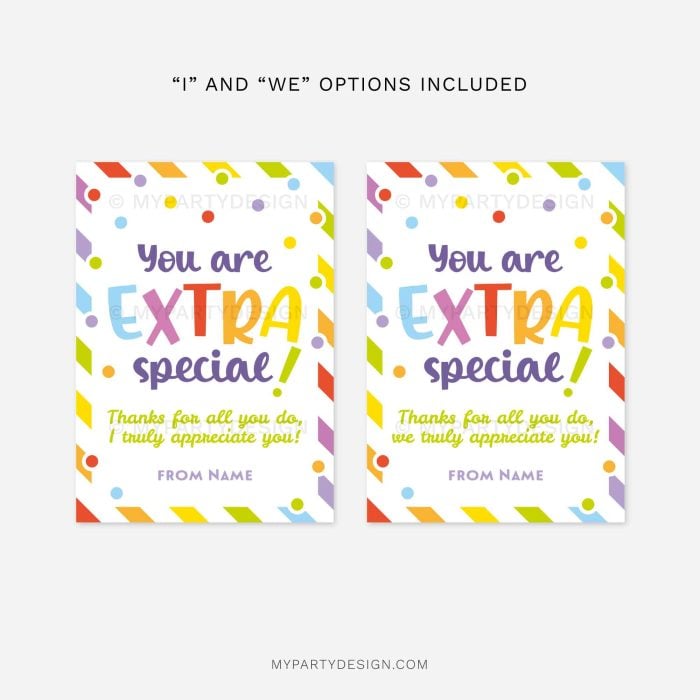 colorful gift tags for appreciation gifts that read "you are extra special, thank you for all you do"