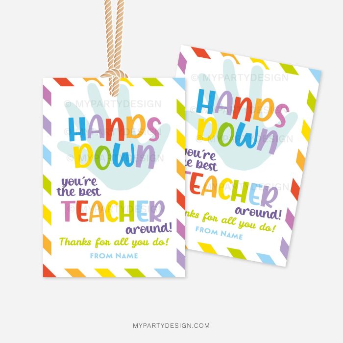 colorful hand soap or sanitiser gift tags that read "hands down you're the best teacher around"