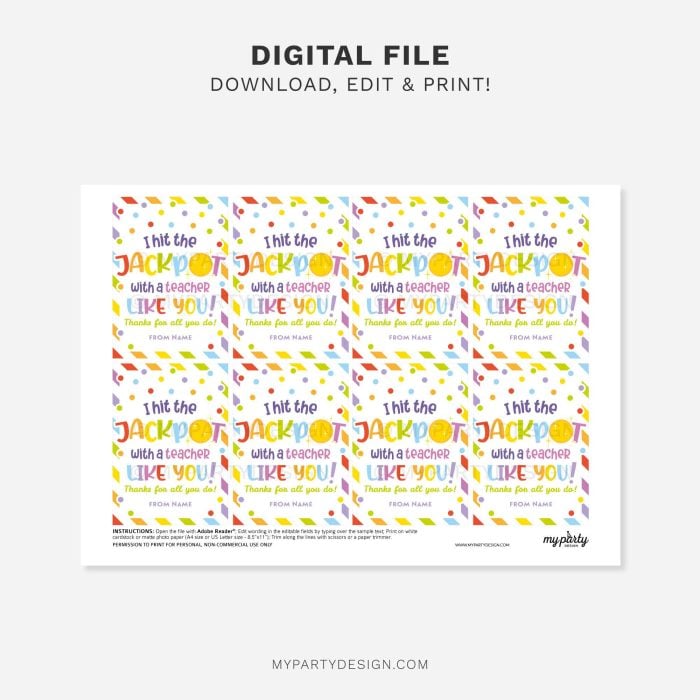 printable Teacher Jackpot Gift Tag for teacher appreciation gifts