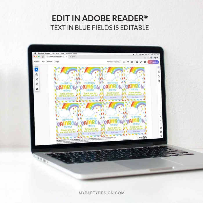 editable over the rainbow for you gift tag template for staff or teacher appreciation gifts