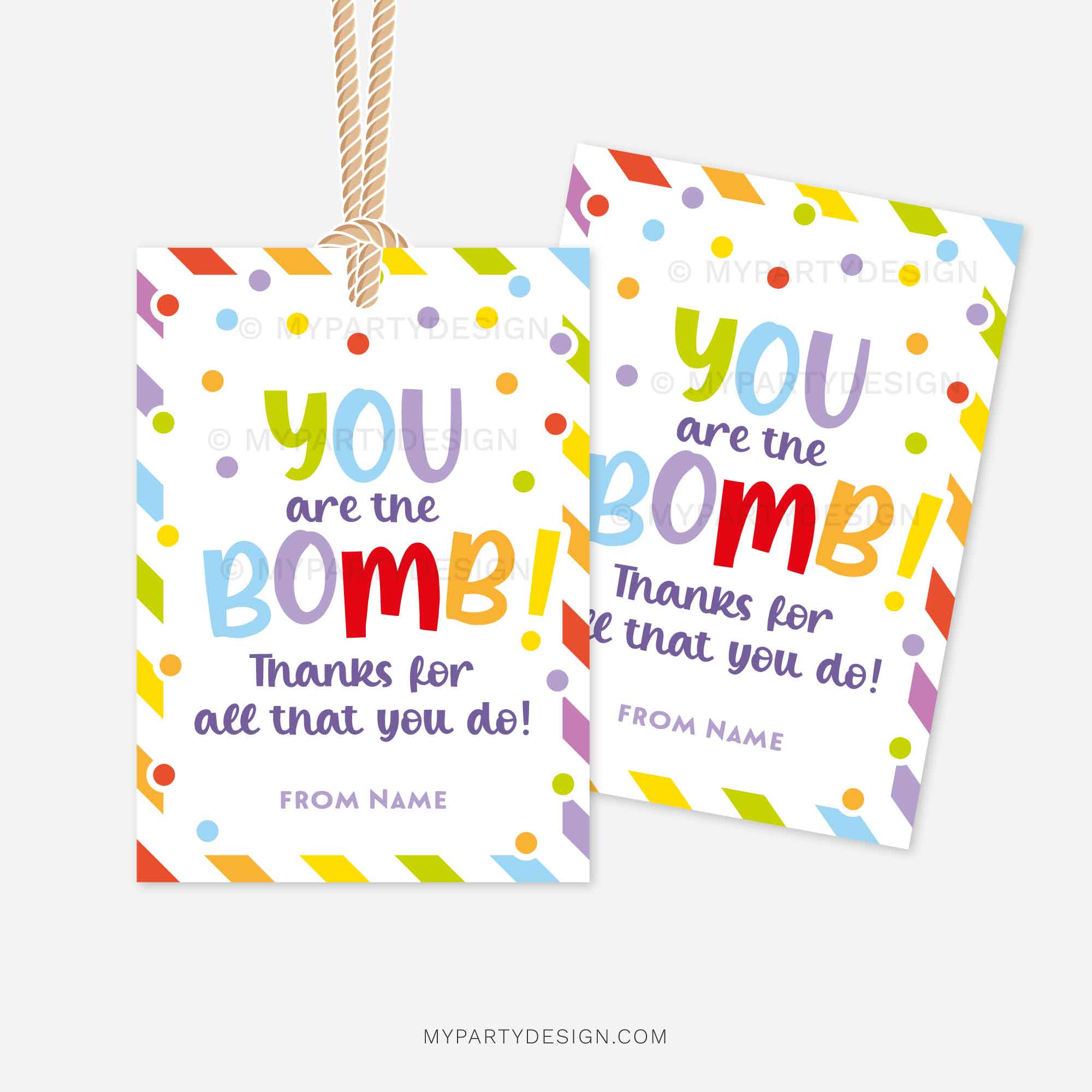 APPRECIATION-GIFT-TAGS-YOU-ARE-THE-BOMB-00B colourful gift tags for appreciation gift tags that read "You are the bomb! Thanks for all that you do!"