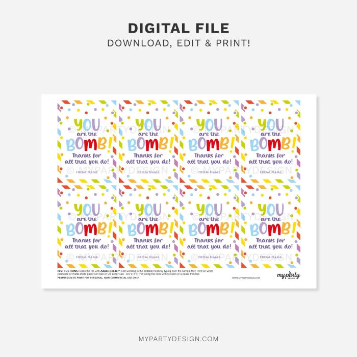 printable you are the bomb gift tag for staff, volunteers or teacher appreciation gifts