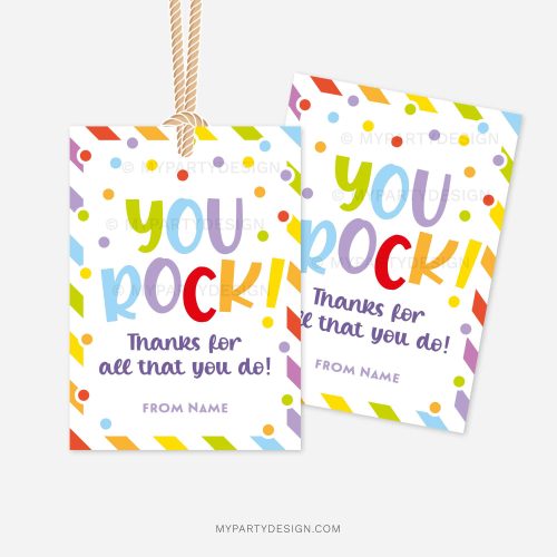 colourful gift tags for appreciation gift tags that read "You rock! Thanks for all that you do!"