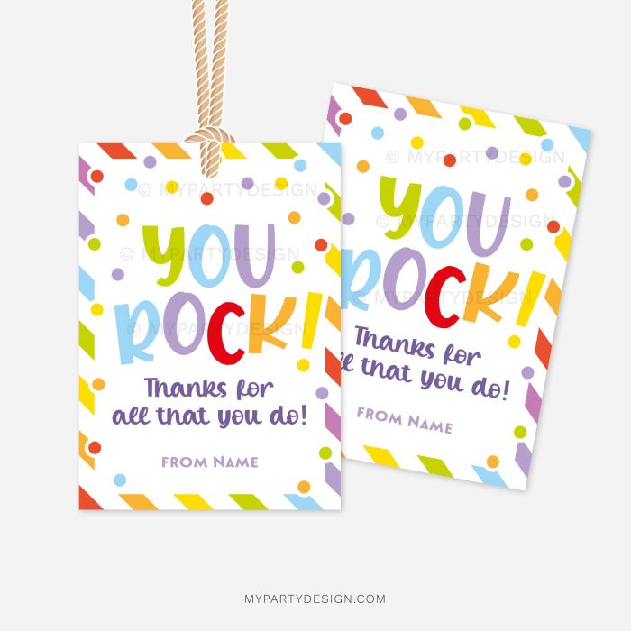 colourful gift tags for appreciation gift tags that read "You rock! Thanks for all that you do!"