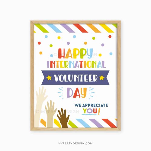 happy international volunteer day sign with rainbow stripes and diverse hands illustration