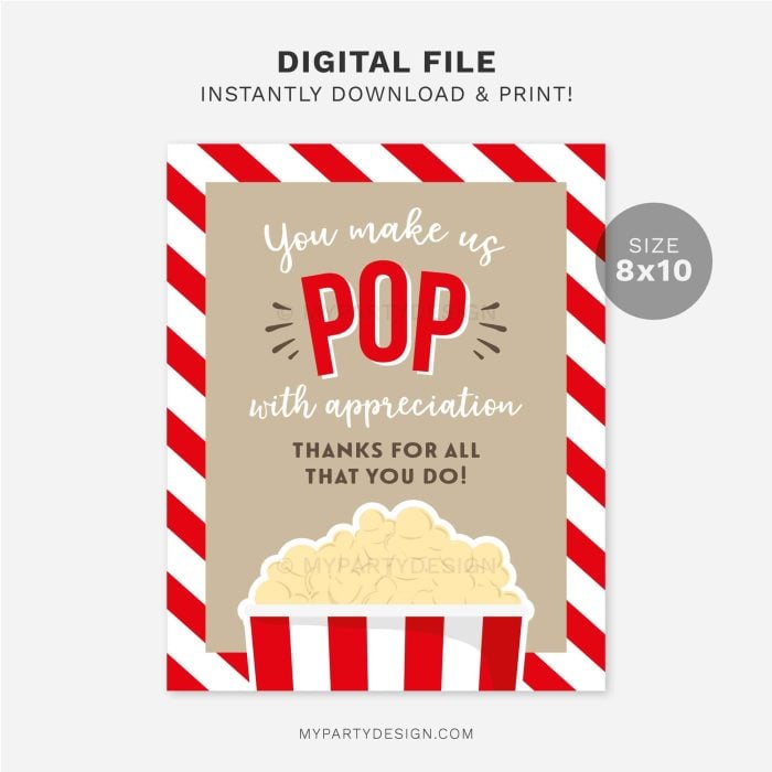 printable pop with appreciation popcorn sign for staff, volunteers or teacher appreciation week