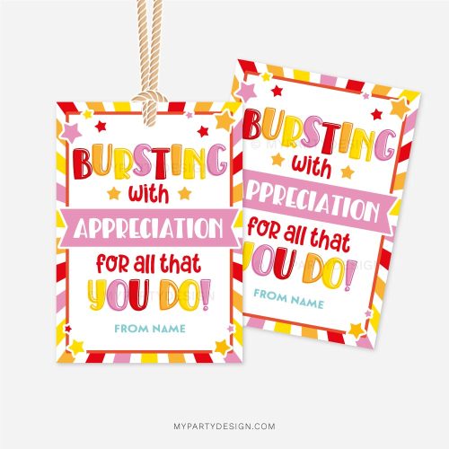 appreciation tag that reads "bursting with appreciation for all that you do"