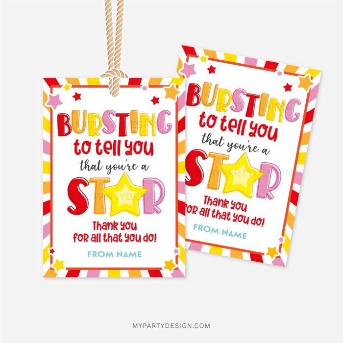 star candy tag that reads "bursting to tell you that you're a star"