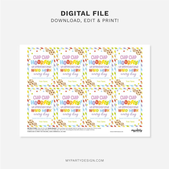 printable cookie appreciation tags that read "chip chip hooray, we appreciate your hard work every day"