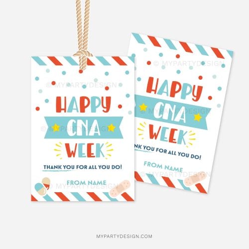 nurse appreciation gift tags in red and green that read "happy CNA week"