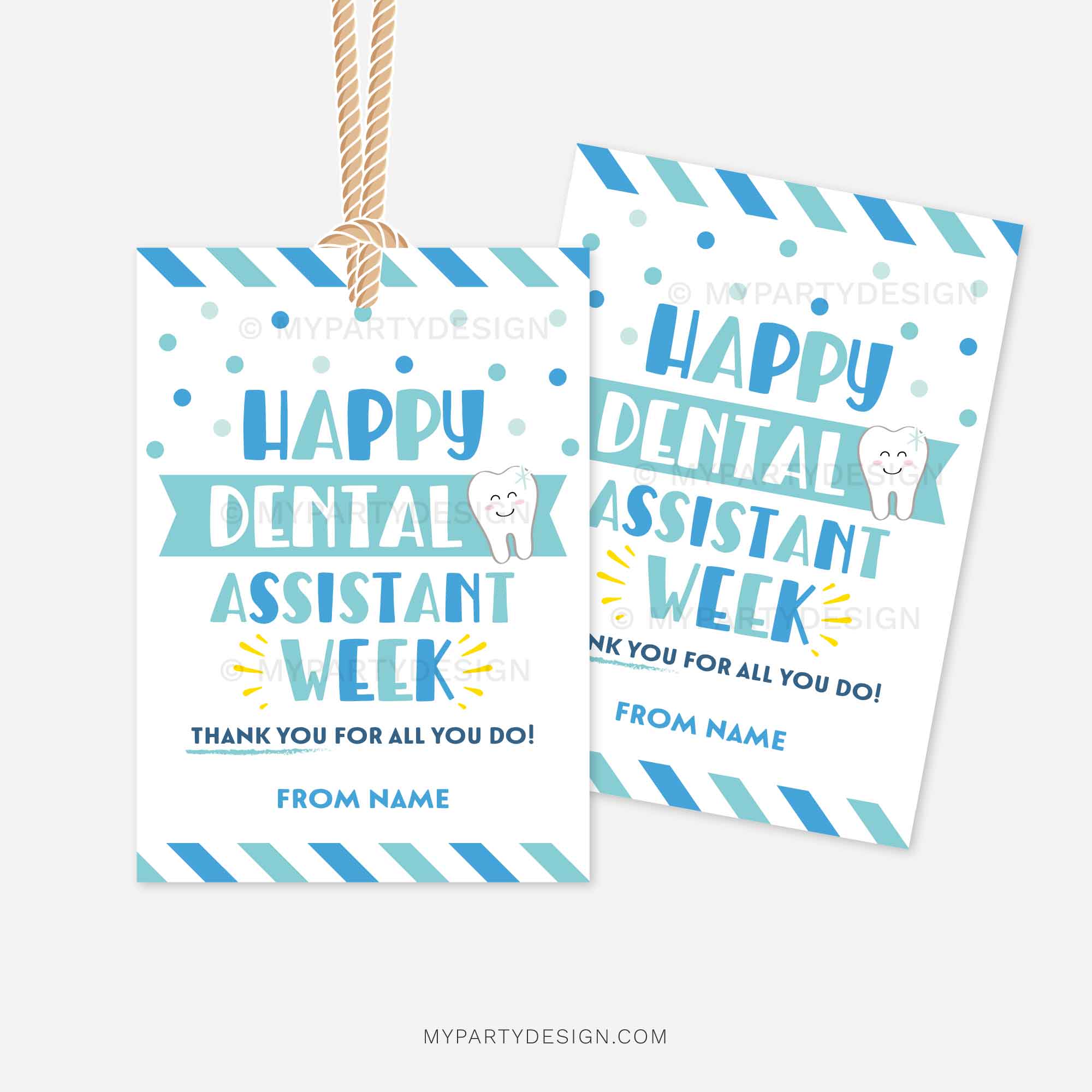 APPRECIATION-TAGS-HAPPY-DENTAL-ASSISTANT-WEEK-00B blue and green gift tags for dental assistant appreciation that read "happy dental assistant week, thank you for all you do"