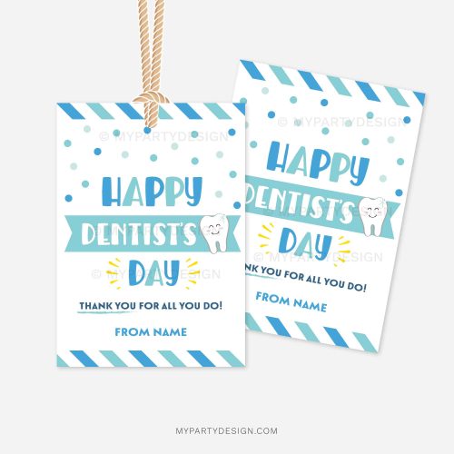 blue and green gift tags for dentist appreciation that read "happy dentist's day, thank you for all you do"