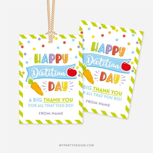 happy dietitian day tags with apple and carrot illustration