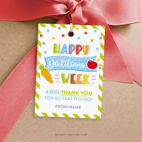 happy dietitians week tag with apple and carrot illustration